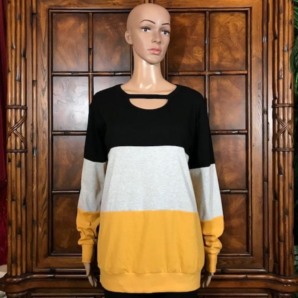 Black Gold White Colorblock Bar Neck Top
